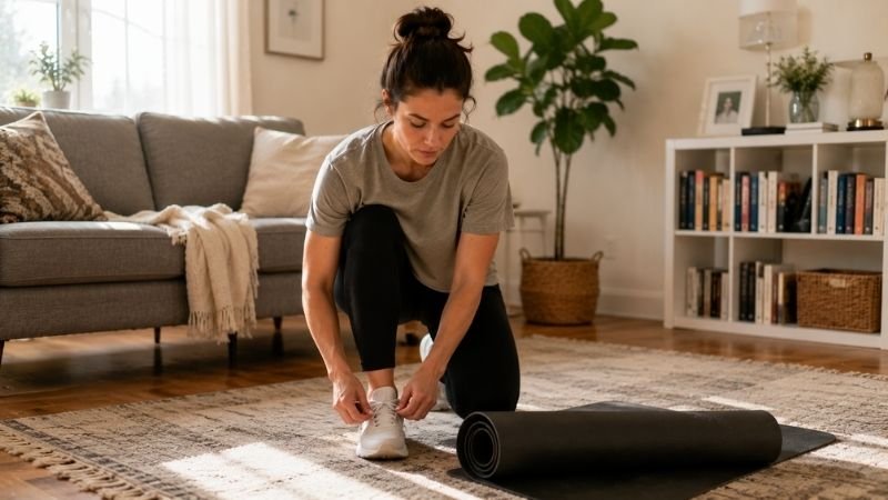 Woman taking first steps to start working out again at home after a long break