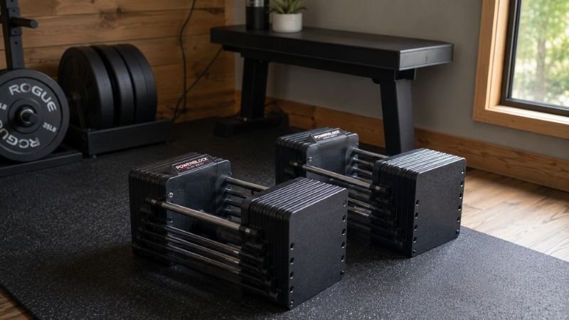Block-style adjustable dumbbells on home gym floor showing durable steel construction
