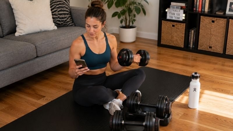 Person tracking progressive overload workout progress in notebook next to dumbbells at home