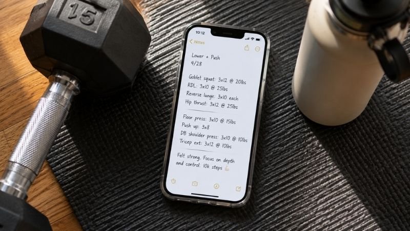 Phone showing workout log notes for tracking progressive overload at home