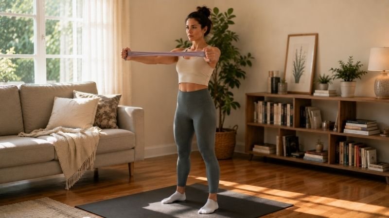 Beginner doing resistance band exercises at home in living room