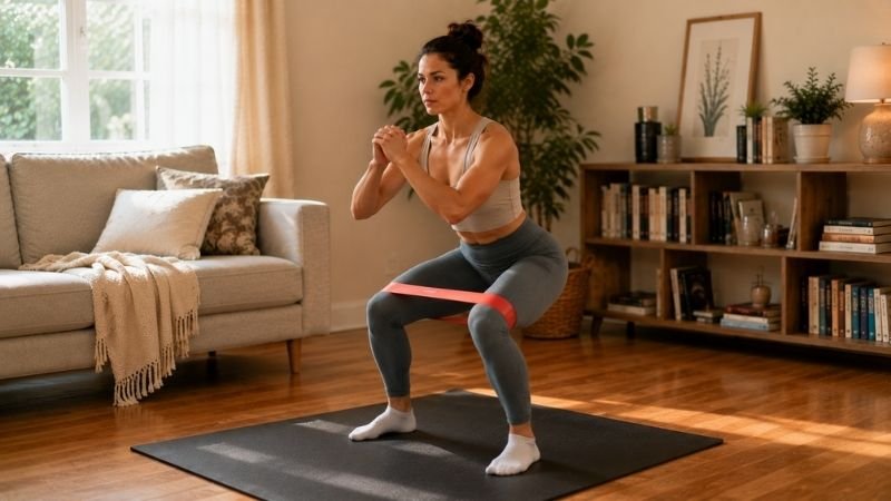 Woman completing full body resistance band workout session at home on yoga mat