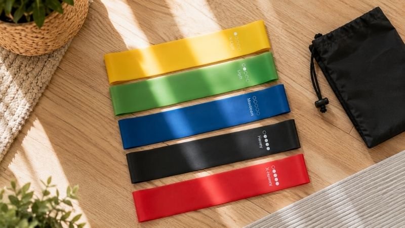 Set of resistance bands in different colors and resistance levels for home workout