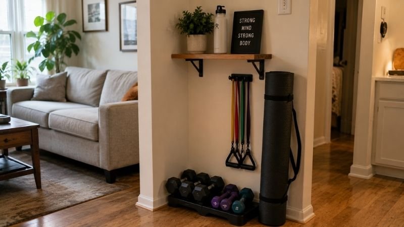 Small space home gym setup in apartment corner showing space-saving equipment storage