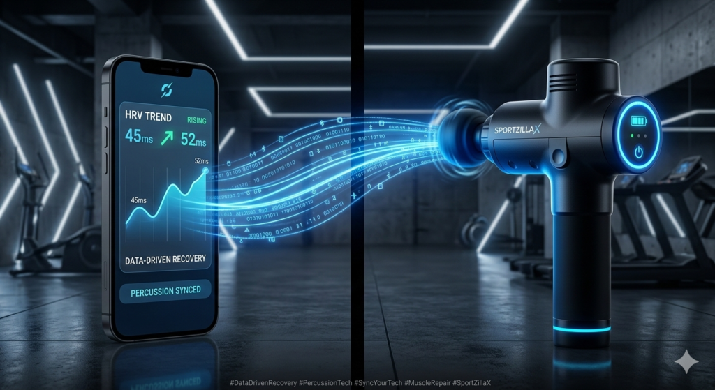 A conceptual high-tech display showing HRV data on a smartphone syncing with a SportZillaX percussion massage gun via glowing blue data streams.
