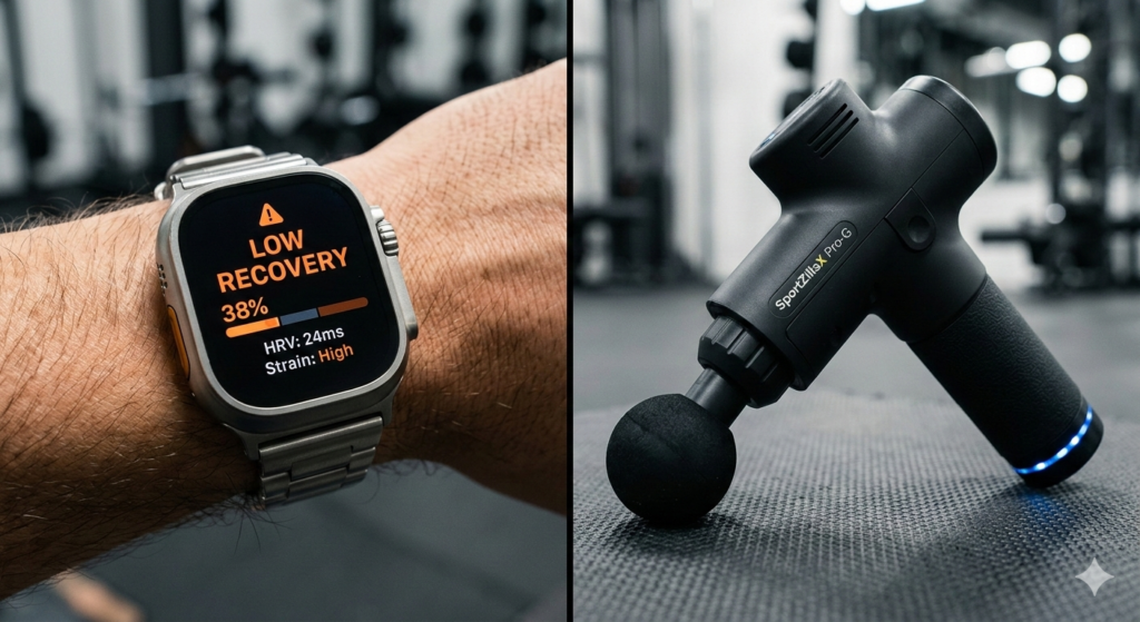 A split-screen showing a smartwatch with a low recovery warning and a professional-grade SportZillaX percussion massage gun for muscle repair.