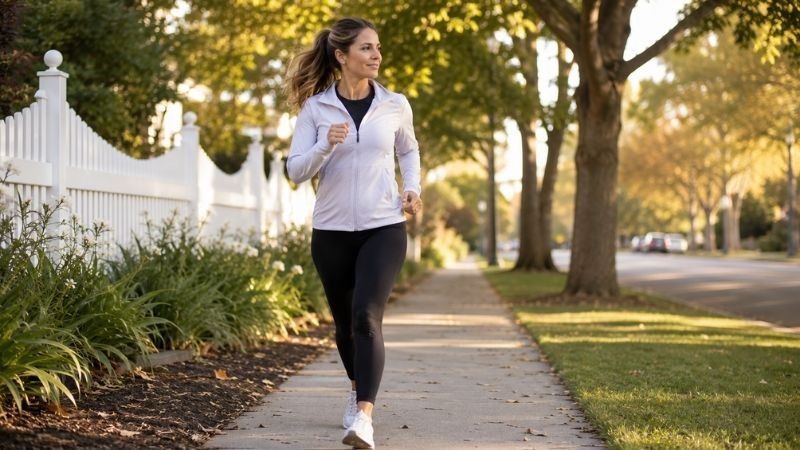 Woman on a brisk walk outdoors as low-impact cardio for fat loss without muscle loss