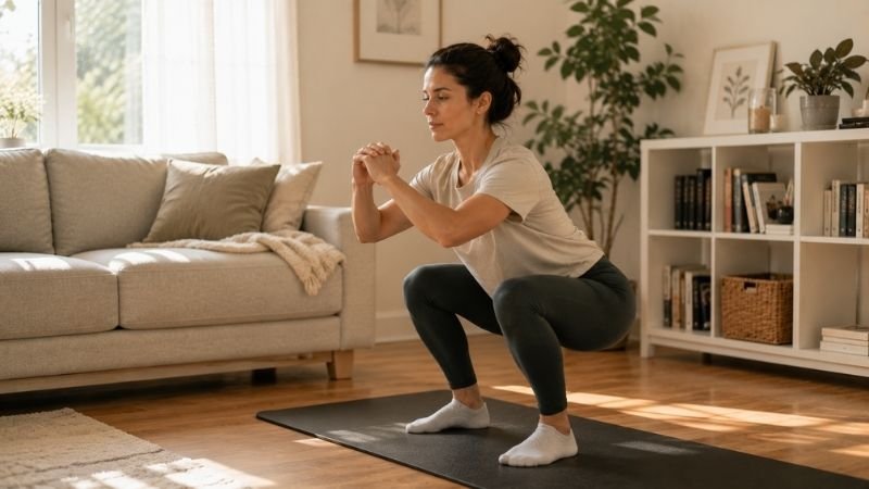 Woman doing gentle bodyweight squats at home during first week back to working out