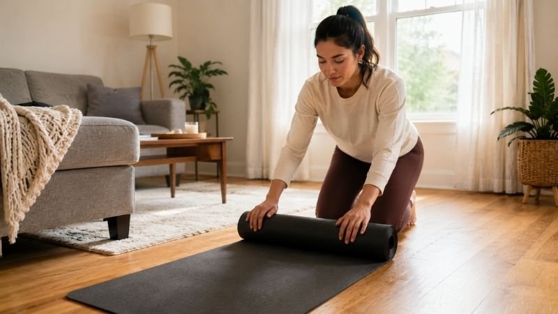 Woman unrolling yoga mat as first step to setting up home gym workout space