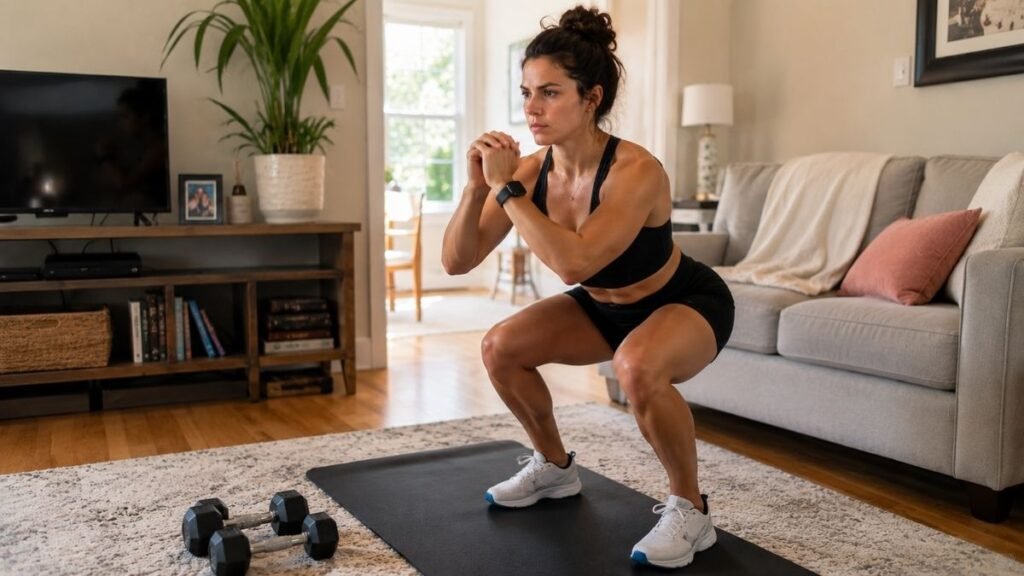 Woman completing one of her 3 weekly home strength training sessions on yoga mat