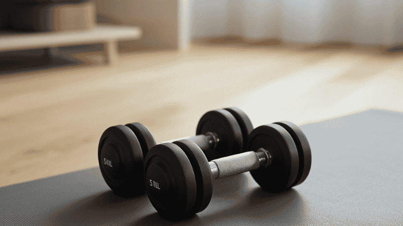 A pair of compact, adjustable dumbbells rests on a yoga mat in an apartment living room, showcasing a home fitness equipment solution ideal for small spaces.