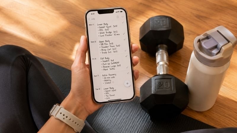 Person tracking 4-week beginner dumbbell workout plan progress on phone next to dumbbells