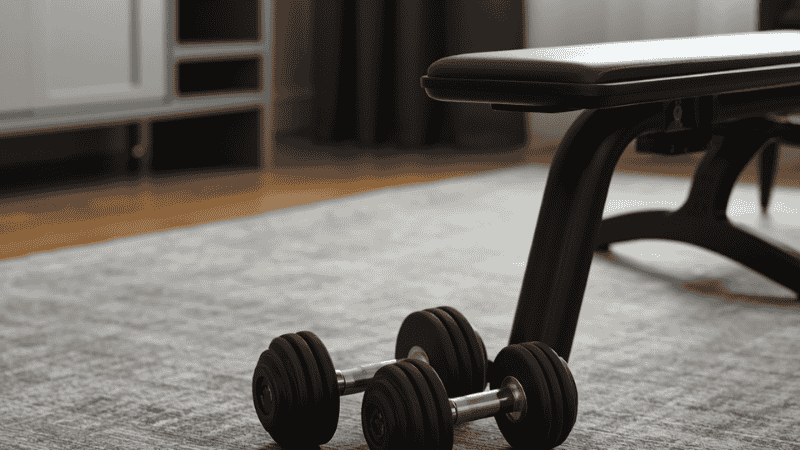 In the living room of a modern, minimalist-style apartment, a pair of adjustable dumbbells and a weight bench are neatly arranged in the corner, showcasing a minimalist home gym setup.