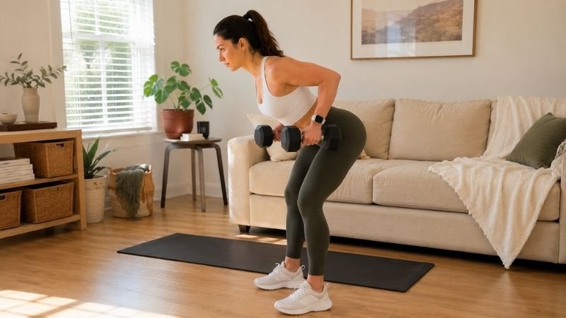 Woman doing dumbbell bent-over row for upper body strength at home