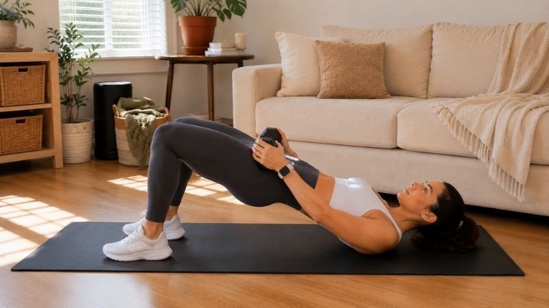 Woman doing dumbbell glute bridge exercise for women's beginner home strength training