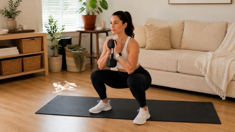 Woman performing dumbbell goblet squat for lower body strength during beginner home workout