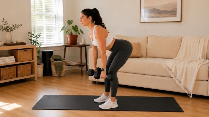 Woman doing dumbbell Romanian deadlift for hamstrings and glutes in home workout