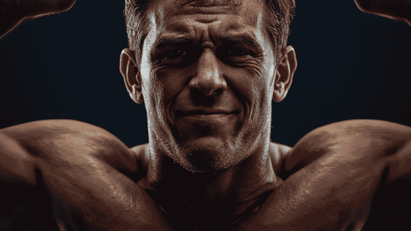 An athlete, drenched in sweat, is struggling to complete the final movement of the dumbbell press, vividly demonstrating the importance of choosing the right weight to achieve muscle exhaustion.