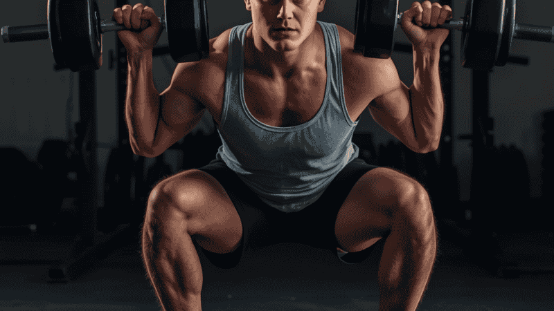 A fitness enthusiast performs a standard goblet squat using heavy dumbbells in a garage gym, demonstrating core stability and leg drive.
