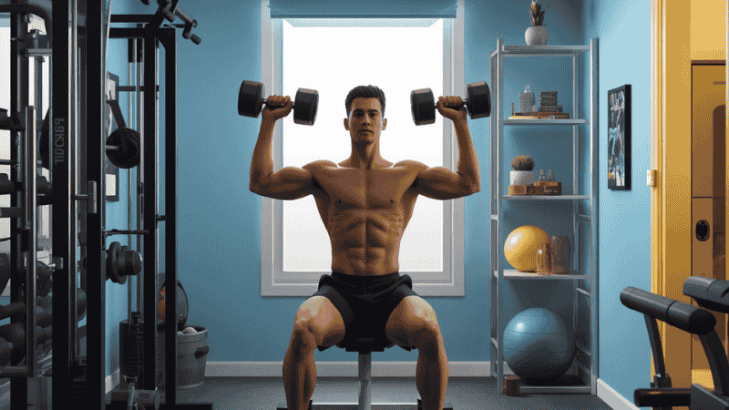 A fitness enthusiast performs seated overhead dumbbell presses using adjustable dumbbells in a small home gym, demonstrating the equipment's stability during actual strength training.