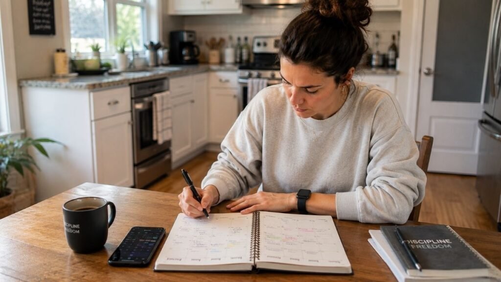 Woman planning weekly workout schedule at home deciding how many days to exercise