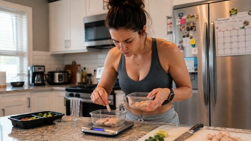 Woman tracking food portions with kitchen scale showing accurate calorie tracking for weight loss plateau