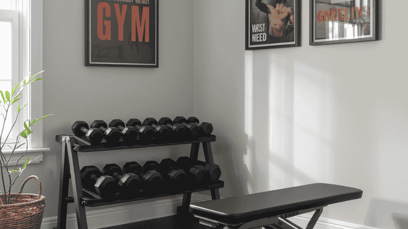 A tidy and organized home fitness corner, equipped with a small dumbbell rack and a multi-functional training bench, demonstrates how to efficiently utilize limited space for dumbbell training.