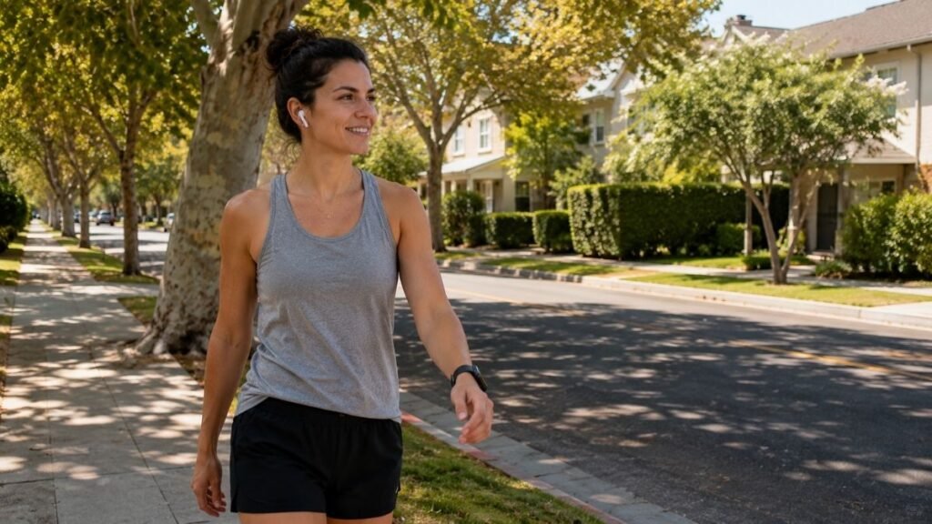 Woman on a brisk walk on a rest day showing active recovery between home workouts