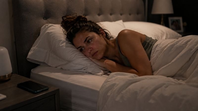 Tired woman with poor sleep affecting weight loss progress lying awake at night