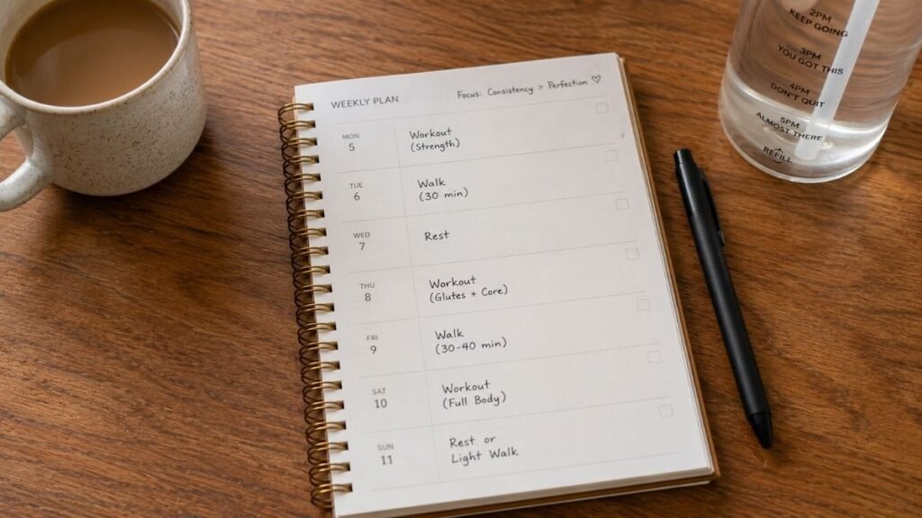Weekly workout schedule marked on calendar showing 3-day home workout plan with rest days