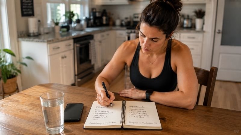Woman adding progressive overload to home workout to break through weight loss plateau