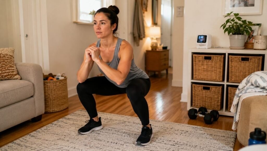 New mom doing quick 15-minute postpartum bodyweight workout at home during baby's nap