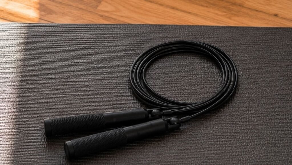 Adjustable speed jump rope on yoga mat ready for home workout