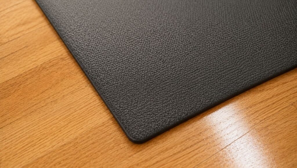 Non-slip yoga mat staying firmly in place on hardwood floor during home workout