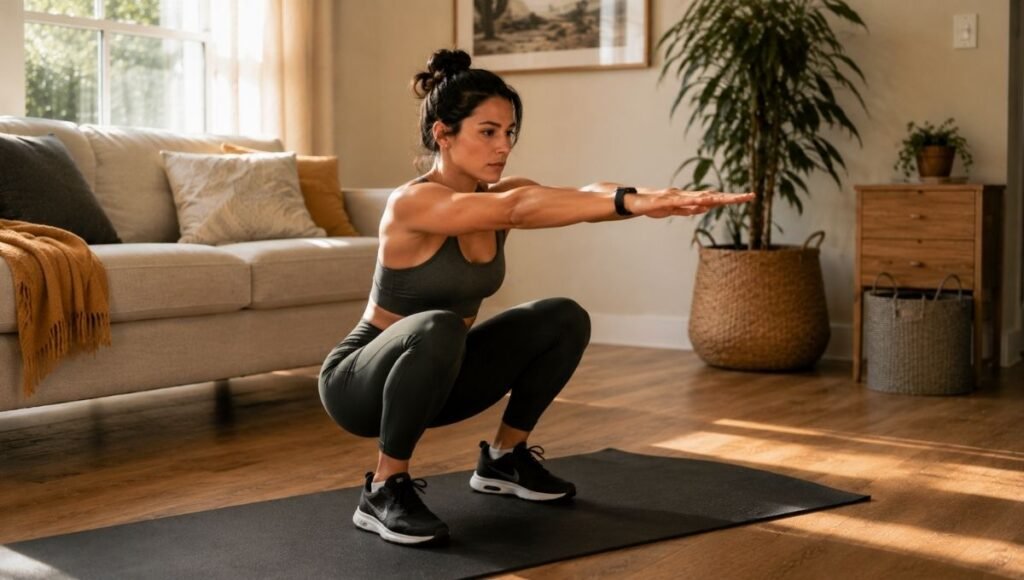 Woman doing slow bodyweight squat for muscle building at home without equipment
