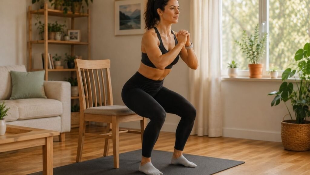 Beginner woman doing chair squat using sturdy chair as depth guide for proper squat form at home