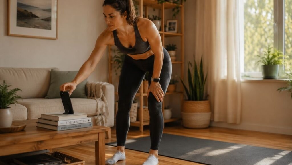 Woman filming her squat form with phone to check and improve squat technique at home