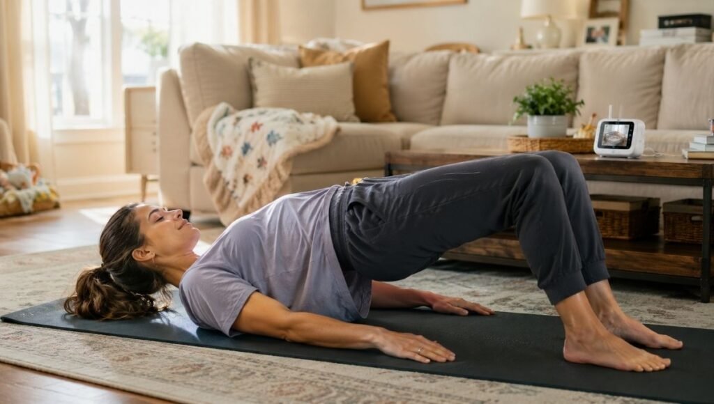 New mom doing gentle postpartum exercise at home to lose weight after pregnancy