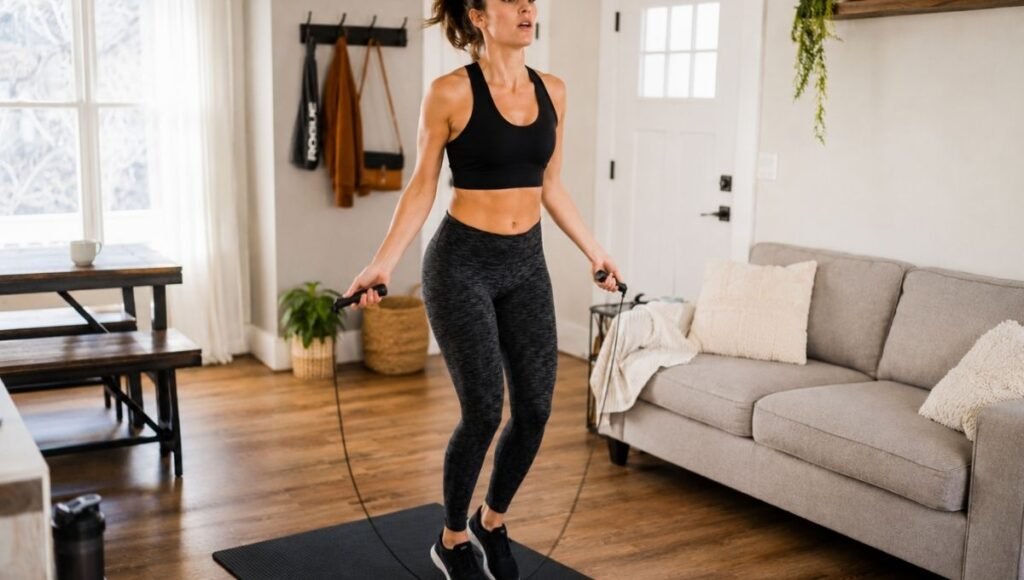 Woman mid-jump rope workout showing intense cardio effort and calorie burn at home
