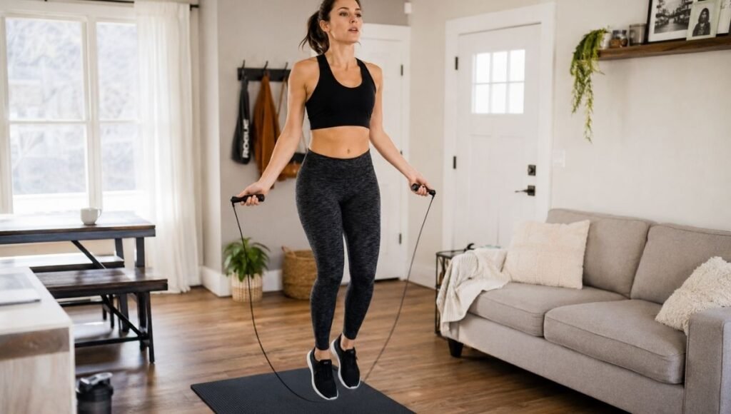 Beginner doing jump rope workout at home in living room with proper form