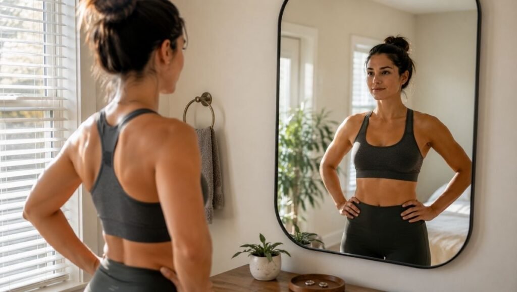 Woman checking muscle building progress in mirror after months of consistent home workouts