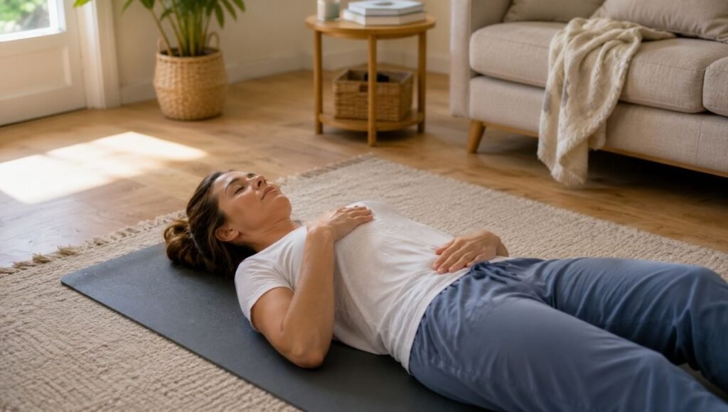 Postpartum mom doing diaphragmatic breathing exercise to address postpartum belly fat at home