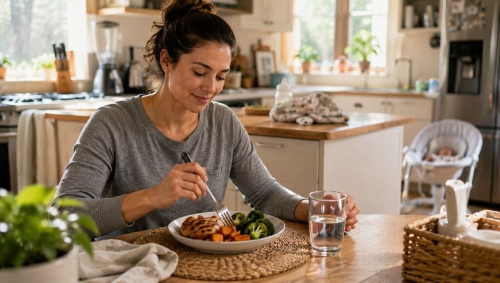 Breastfeeding mom eating protein-rich healthy meal to support postpartum weight loss