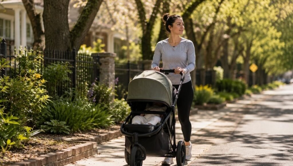New mom walking outdoors with stroller as part of postpartum weight loss exercise progression