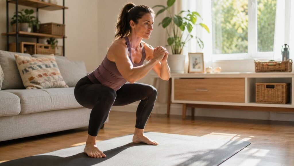 Woman doing home workout to lose weight in living room with no equipment