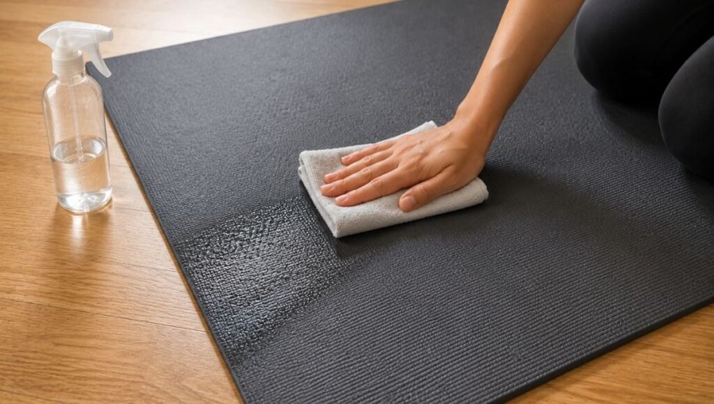 Person wiping down yoga mat with damp cloth for cleaning and maintenance after home workout