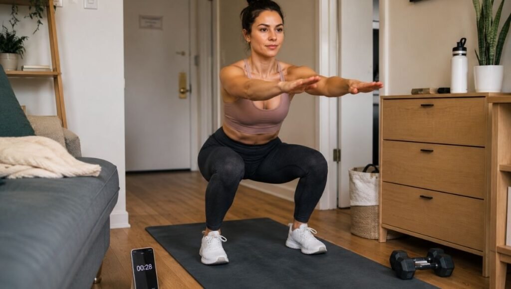 Busy woman doing quick 10-minute beginner workout at home fitting fitness into daily schedule