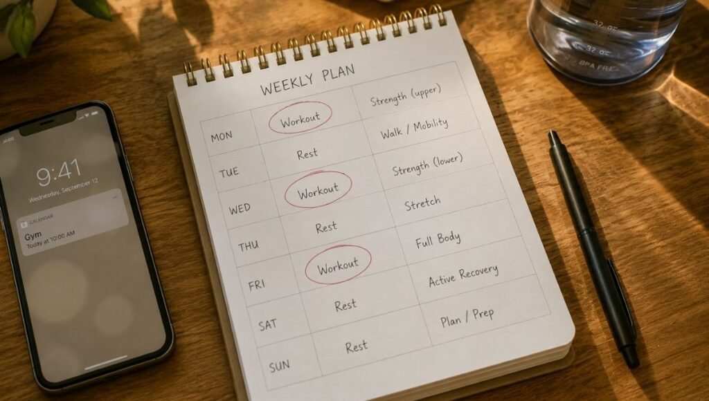 Person marking 4-week full body home workout schedule on calendar for consistent training