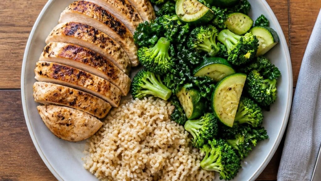 Balanced low calorie meal plate with lean protein, vegetables, and complex carbohydrates
