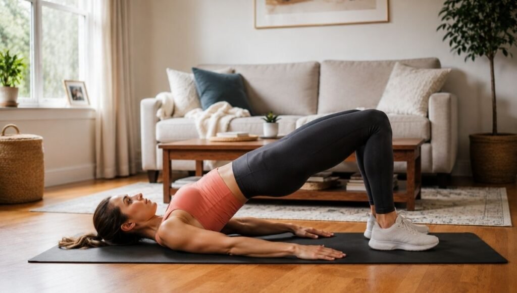 Woman doing glute bridge during week 1 of beginner workout plan for women at home